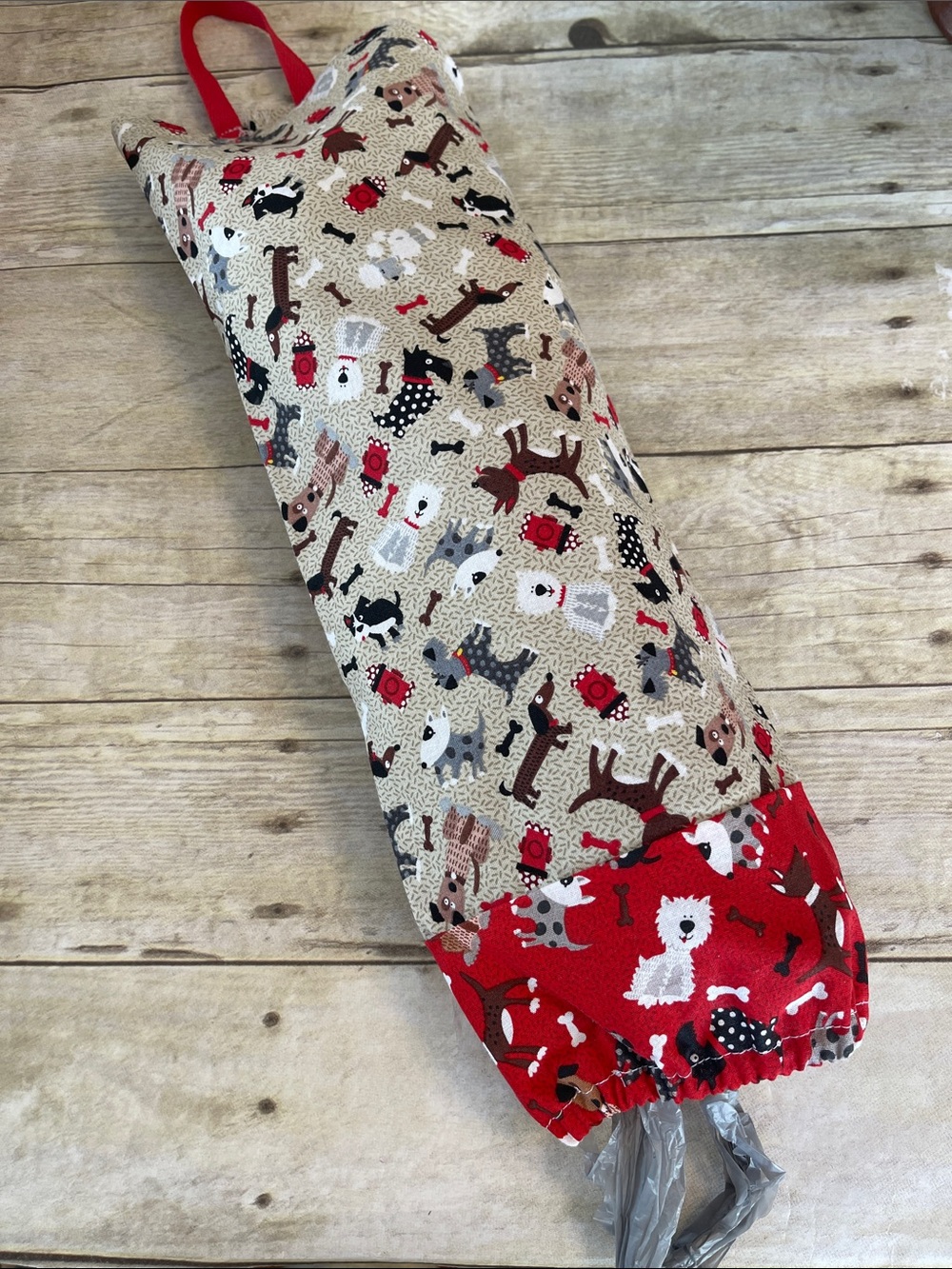 Grocery Bag Holder for Recycling Plastic Bags  Hanging Bag Dogs & Red & Tan